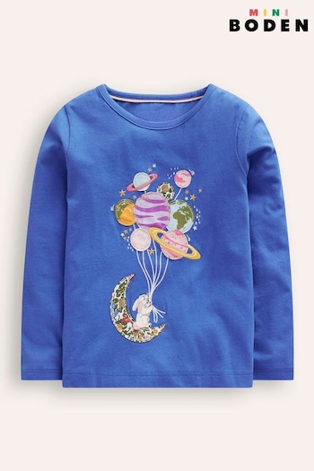 Boden Blue 100% Cotton Space Appliqué Long Sleeve Top (AC8696) | £19 - £21