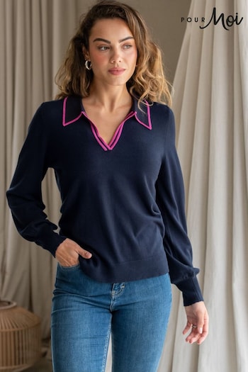 Pour Moi Blue Rowan Contrast Knit Jumper with LENZING™ ECOVERO™ Viscose (AC8930) | £0