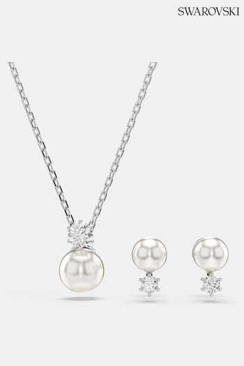 Swarovski White Crystal Pearl Round Cut Rhodium Plated Matrix Jewellery Set (AC9405) | £149