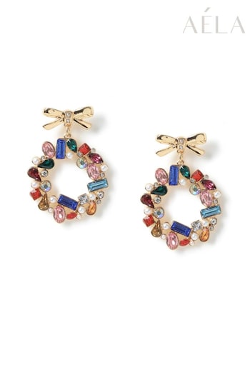 Aela Gold Tone Christmas Multi-Coloured Bow Wreath Stud Earrings (AD0495) | £12.50