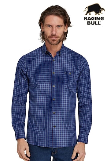 Raging Bull Blue Long Sleeve Window Pane Brushed 100% Cotton Shirt (AD0903) | £70 - £80