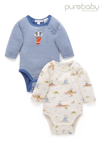 Purebaby Baby Blue Animal Print Rompers 2 Pack (AD1088) | £28