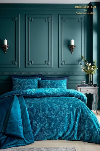 Bridgerton by Catherine Lansfield Teal Green Regal Birds Soft Velvet Duvet Cover Set (AD3070) | £30 - £65