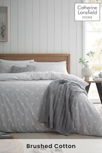 Catherine Lansfield Silver Grey Brushed 100% Cotton Polka Dot Duvet Cover Set (AD3300) | £20 - £35