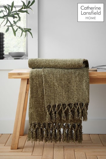 Catherine Lansfield Olive Green Wilson Plain Chenille Throw (AD3396) | £16