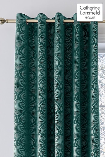 Catherine Lansfield Teal Green Art Deco Pearl Lined Eyelet Curtains (AD3505) | £60 - £65