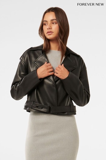 Forever New Black Lorri Vegan Leather Cropped Trench Jacket (AD4671) | £100