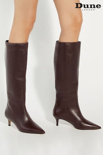 Dune London Brown Standard Fit Smooth Kitten Heel Point Knee-High Boots (AD4972) | £200