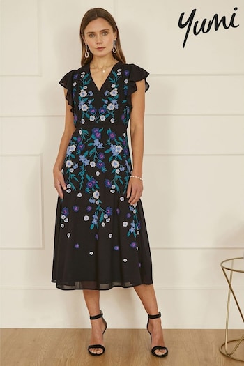 Yumi Black All-Over Floral Embroidery Midi Skater Dress (AD5857) | £75