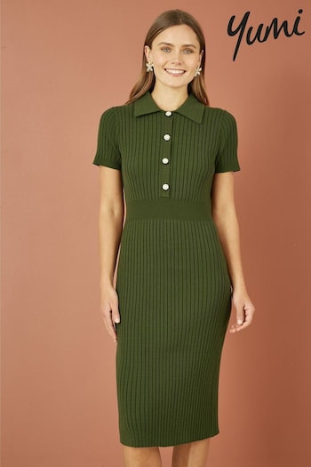 Yumi Green Fitted Rib Knitted Midi Dress With Daisy Buttons (AD5865) | £65