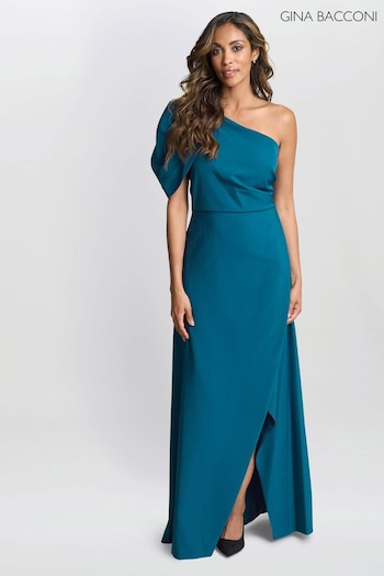 Gina Bacconi Blue Tori One Shoulder Stretch Crepe Maxi Dress (AD6391) | £340
