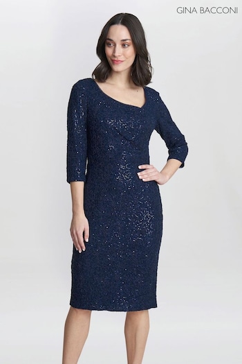 Gina Bacconi Blue Cassandra Sequin Lace Dress (AD6396) | £230