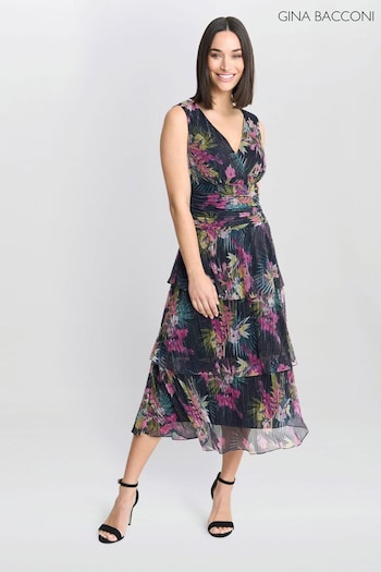 Gina Bacconi Nina Midi Sleeveless Printed Tiered Black Dress (AD6400) | £240