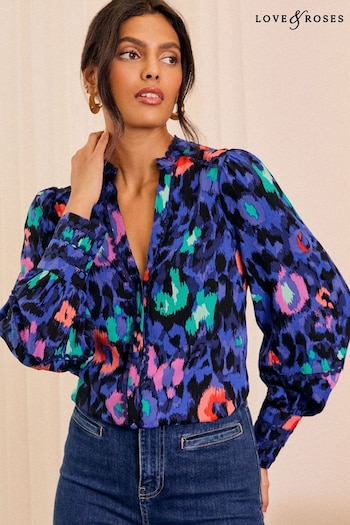 Love & Roses Blue Animal Print Ric Rac Notch Neck Long Sleeve Blouse (AD6987) | £38