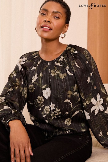 Love & Roses Black Floral Petite Metallic Detail Crew Neck Long Sleeve Blouse (AD7502) | £38