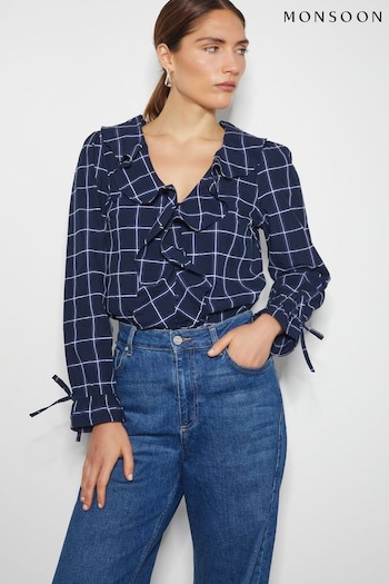 Monsoon Blue Frankie Check Print Ruffle Blouse (AD8902) | £49