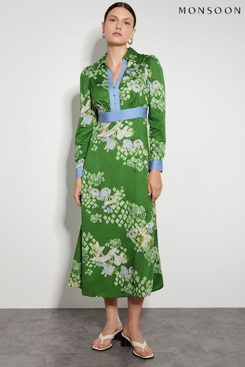 Monsoon Green Jennifer Long Sleeve Floral Print Midi Dress (AD8913) | £90