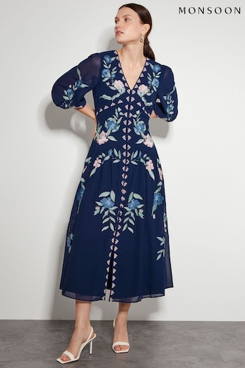 Monsoon Blue Delilah Embroidered Midi Dress (AD8938) | £175