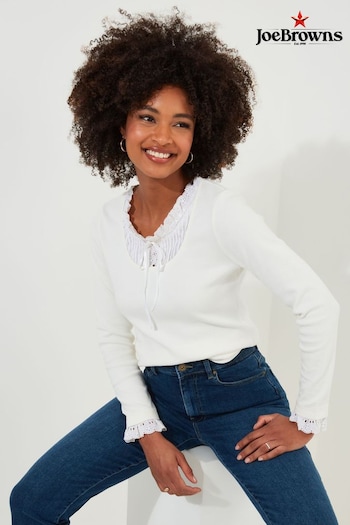 Joe Browns Cream Lace Trim Ribbon Tie Long Sleeve Ribbed Jersey Top (AD9043) | £40