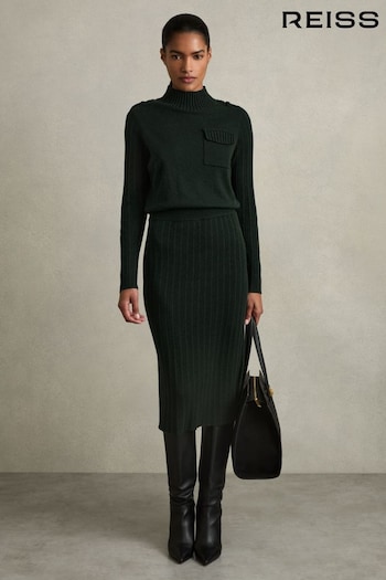 Reiss Khaki Floris Wool-Blend Knitted Utility Midi Dress With Cashmere (AD9411) | £198