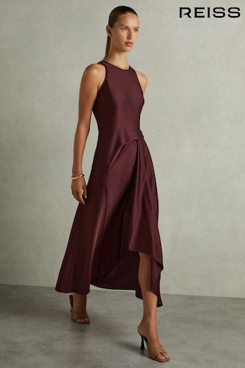 Reiss Burgundy Micah Satin Drape Tuck Midi Dress (AD9450) | £158