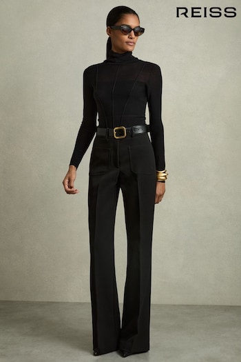 Reiss Black Priya Twill High-Rise Flared Trousers (AD9454) | £150