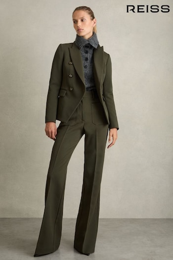 Reiss Green Priya Petite Twill High-Rise Flared Trousers (AD9455) | £150