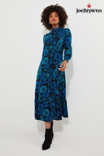 Joe Browns Blue Petite High-Neck Vintage Frill Floral Jersey Midi met Dress (AE0464) | £60