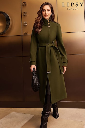 Lipsy Olive Green Funnel Neck Belted Longline Coat (AE4167) | £94