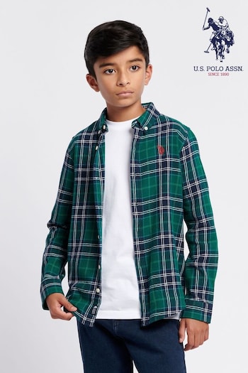 U.S. Polo Assn. Boys Green Brushed Flannel Heavyweight Check Shirt (AE4189) | £45 - £54