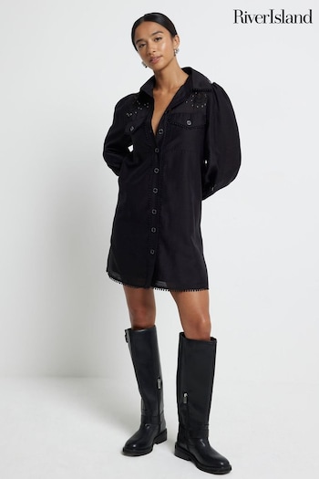 River Island Black Petite Studded Cutwork Shirt Dress (AE6071) | £60