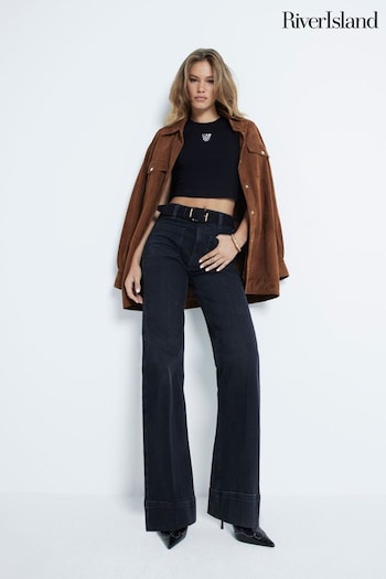 River Island Black High Rise Wide Leg 100% Cotton Jeans (AE6083) | £50