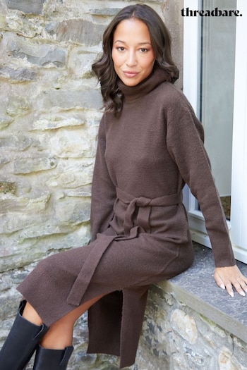 Threadbare Brown Belted Roll Neck Knitted Midi Jumper Allsaints Dress (AF6968) | £35