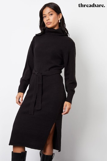 Threadbare Black Belted Roll Neck Knitted Midi Jumper Dress (AF6981) | £35