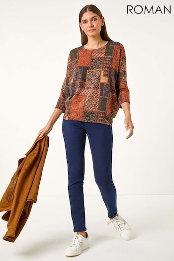 Roman Orange Patchwork Print Drop Shoulder Stretch Top (AF7002) | £32