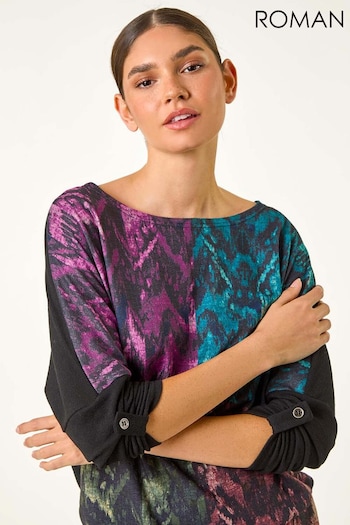 Roman Black Colour Block Print Stretch Sleeve Top (AF7031) | £32