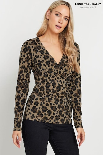 Long Tall Sally Brown Animal Print Cotton Long Sleeve Wrap Top (AF7338) | £23