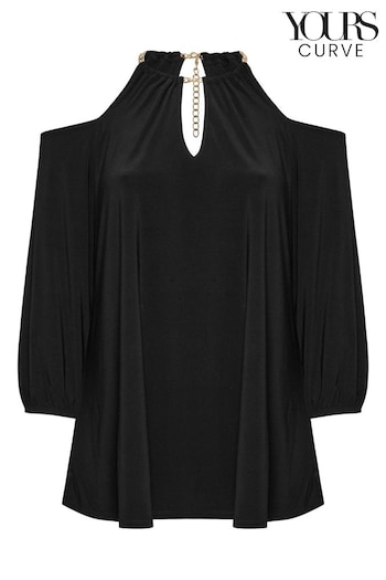 Yours Curve Black London Chain Halter Cold Shoulder Long Sleeve Top (AF7522) | £39