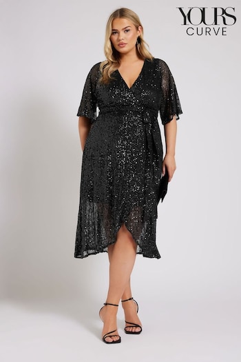 Yours Curve Black London Sequin Wrap Tulip Dress (AF7643) | £75