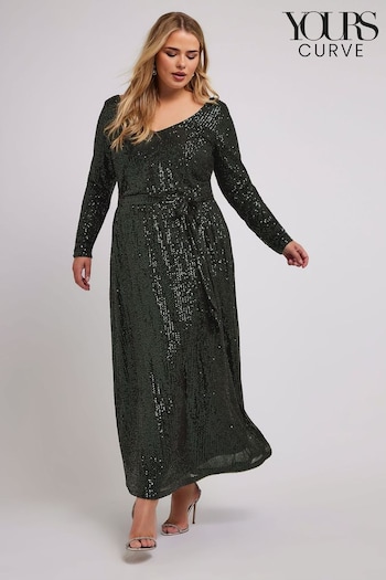 Yours Curve Green London Sequin V-Neck Long Sleeve Maxi Dress (AF7679) | £74