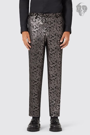 Twisted Tailor Black Slim Fit Ferbane Metallic Leopard Print Trousers (AG1935) | £60