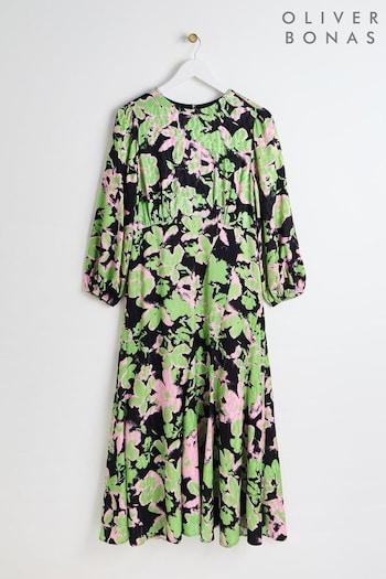 Oliver Bonas Green Floral Print Midi Dress (AG2570) | £80