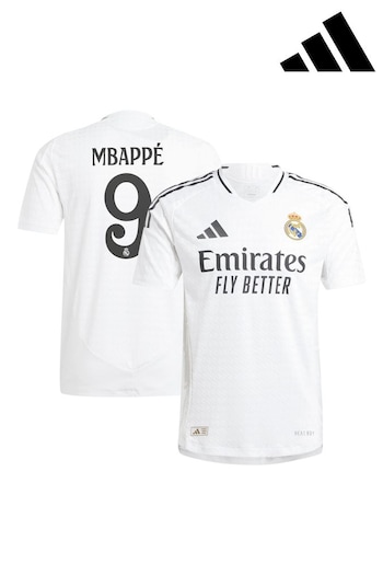 adidas basic White Real Madrid Home Authentic Shirt 2024-25 with Mbappé 9 Printing (AG3554) | £130