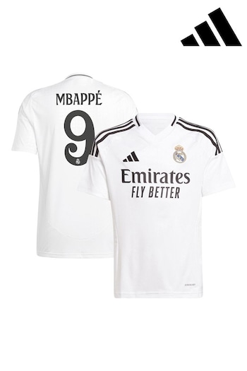 adidas biggest Denim White Real Madrid Home Shirt 2024-25 with Mbappé 9 Printing (AG3556) | £55