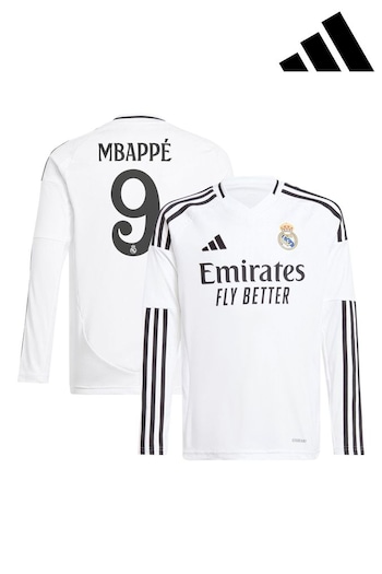 adidas Pearl White Kids Real Madrid Home Long Sleeve Shirt 2024-25 with Mbappé 9 Printing (AG3559) | £80