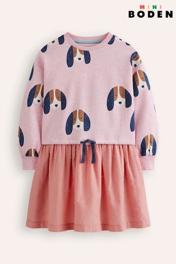 Boden Pink Dog Sweatshirt Woven Mix Dress (AG3994) | £29 - £35