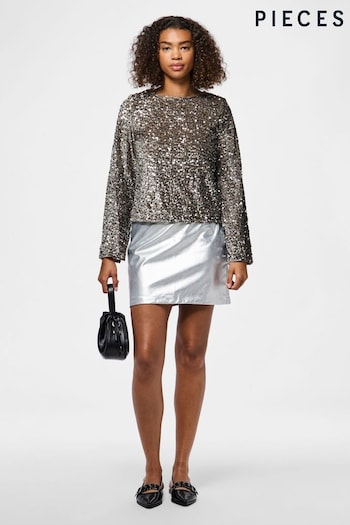 PIECES Grey Long Sleeve Sequin Bow Back Blouse (AG4061) | £38