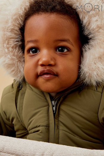 MORI Khaki Green Recycled Faux Fur Lined Cosy Zip Up Snowsuit (AG5348) | £69.50