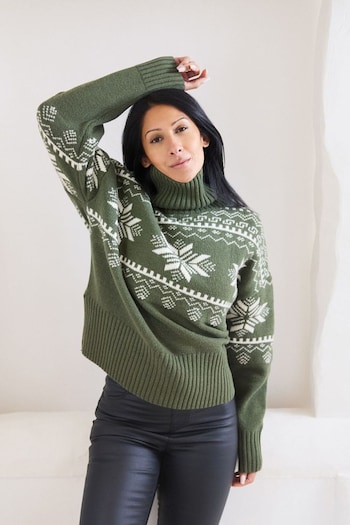 The Little Tailor Green Snowflake Chunky Knit Slouch Christmas Jumper (AG8390) | £0