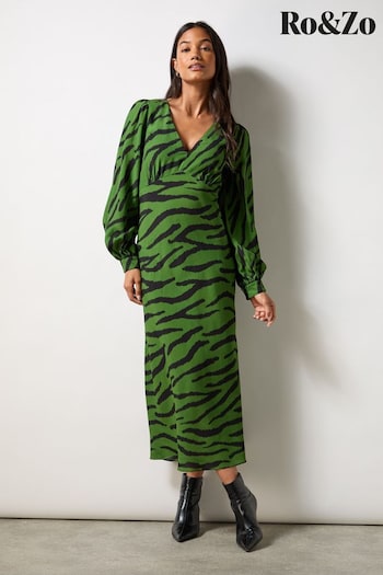 Ro&Zo Khaki Green Zebra Print V-Neck Midi twill Dress (AG9757) | £99